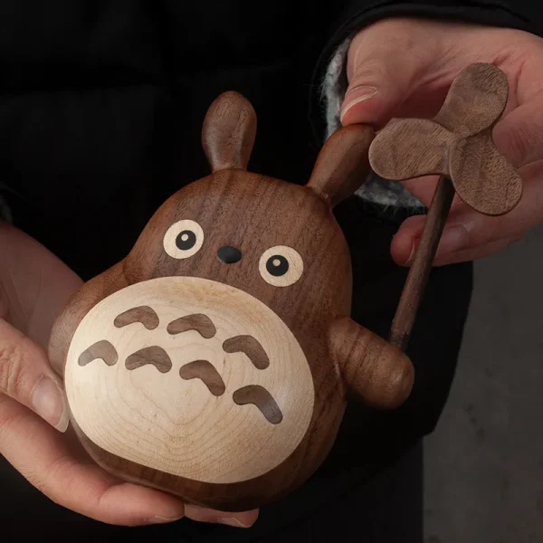 Wooden Totoro figurine with a windmill, perfect for desk or car decoration