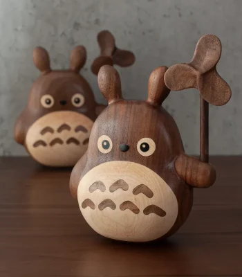 Wooden Totoro figurine with a windmill, perfect for desk or car decoration