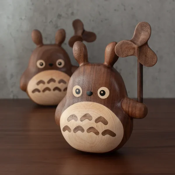 Wooden Totoro figurine with a windmill, perfect for desk or car decoration