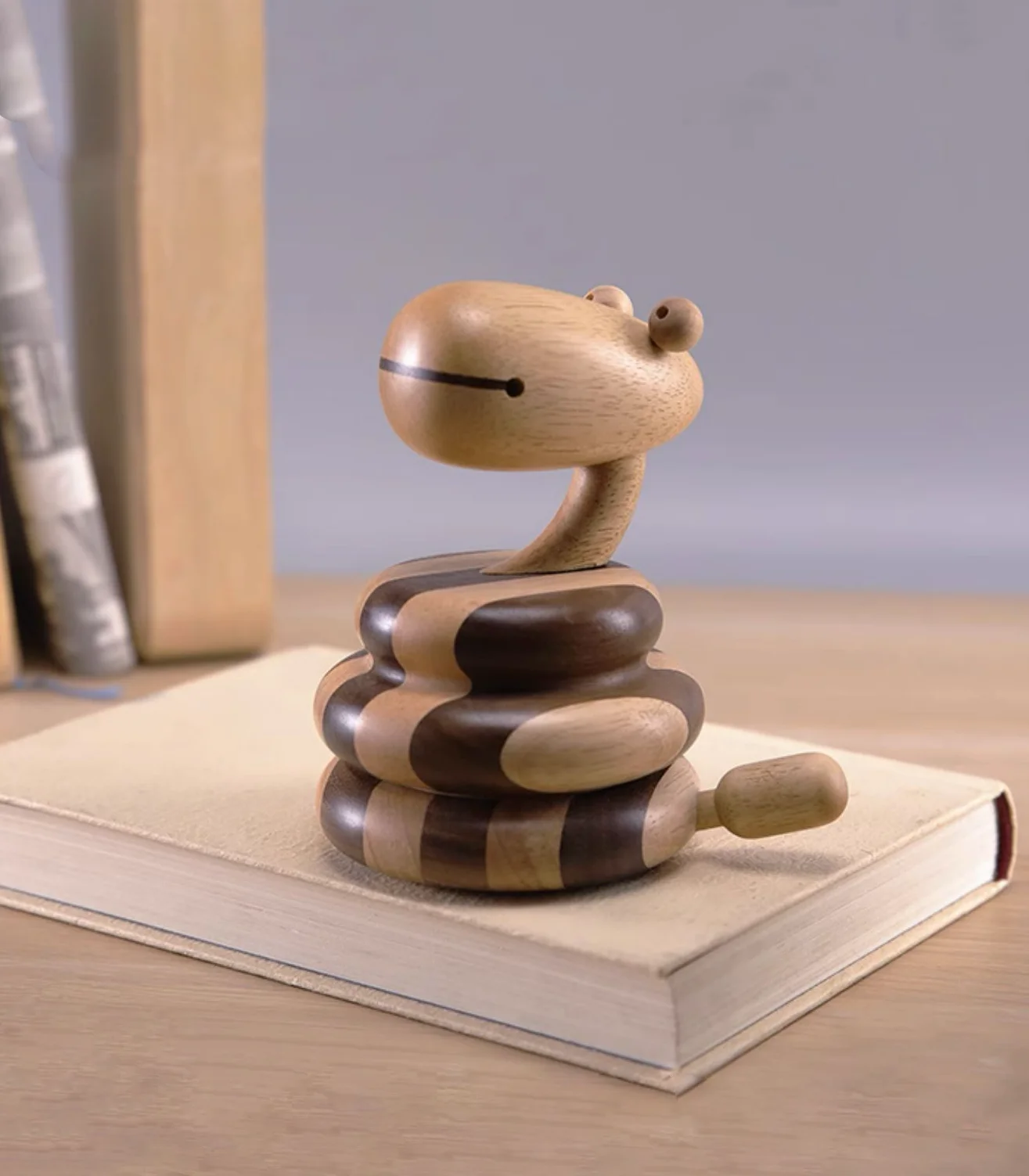 A delightful wooden music box featuring an adorable little snake design