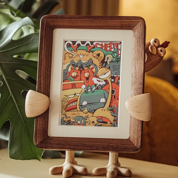 A whimsical wooden picture frame featuring a charming hugging chicken design, perfect for displaying cherished memories