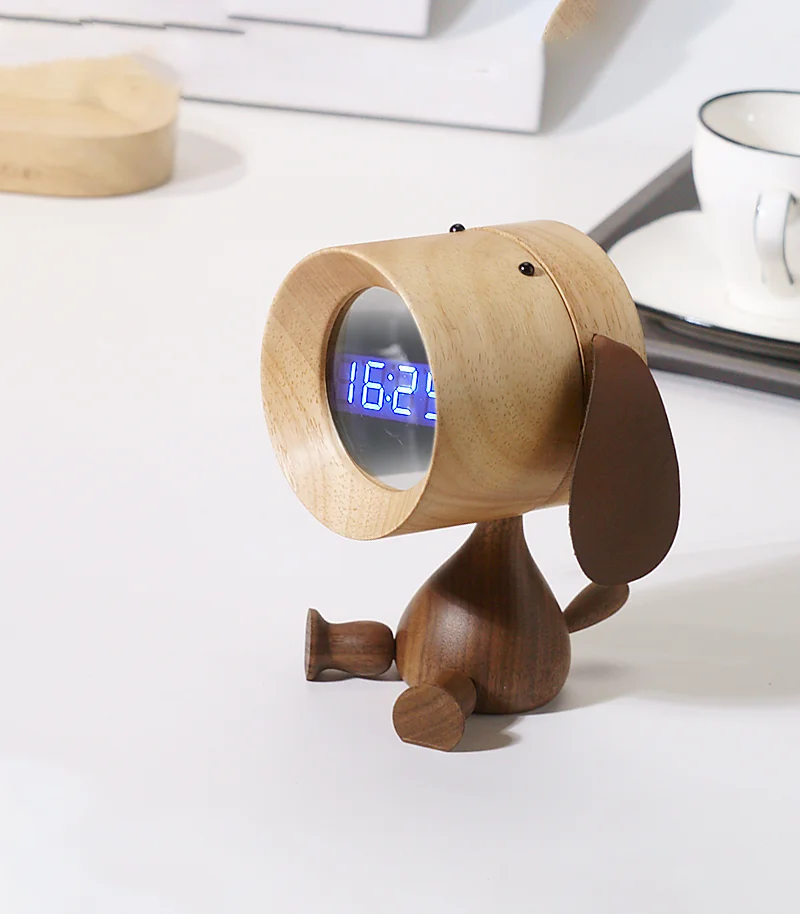 Wake up on time with this charming wooden alarm clock featuring a cute dog design, perfect for any dog lover’s bedside