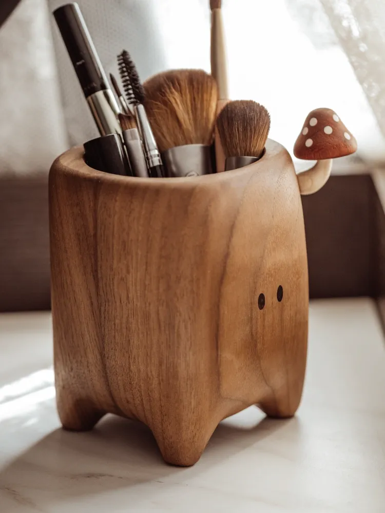 A stylish wooden storage box featuring a unique mushroom design, ideal for organizing your space while adding a natural decorative element