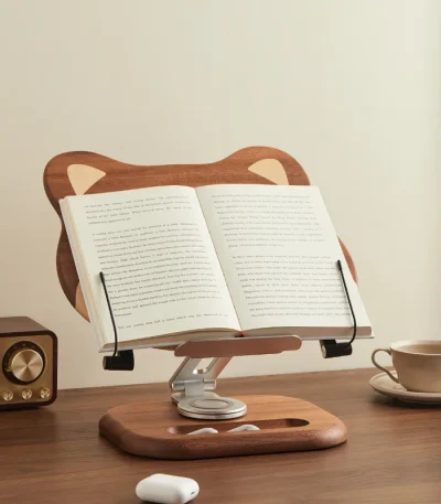 Multifunctional Shiba Inu wooden book holder with 360° rotation and adjustable height for reading