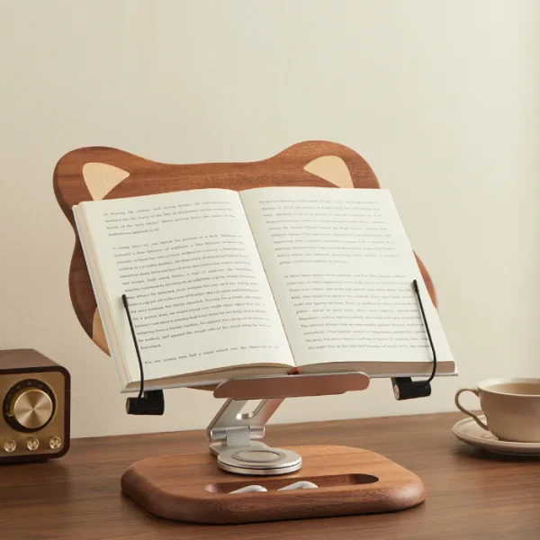 Multifunctional Shiba Inu wooden book holder with 360° rotation and adjustable height for reading