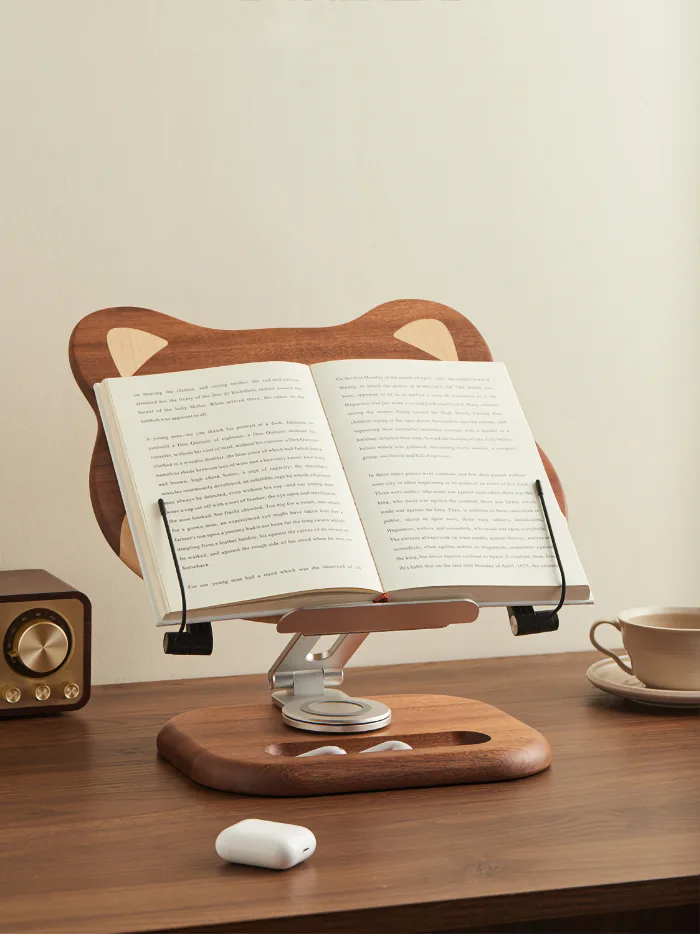 Multifunctional Shiba Inu wooden book holder with 360° rotation and adjustable height for reading