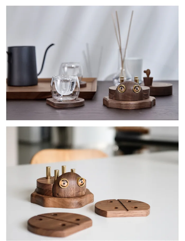 Beautifully crafted beetle-shaped wooden coasters made from high-quality walnut wood