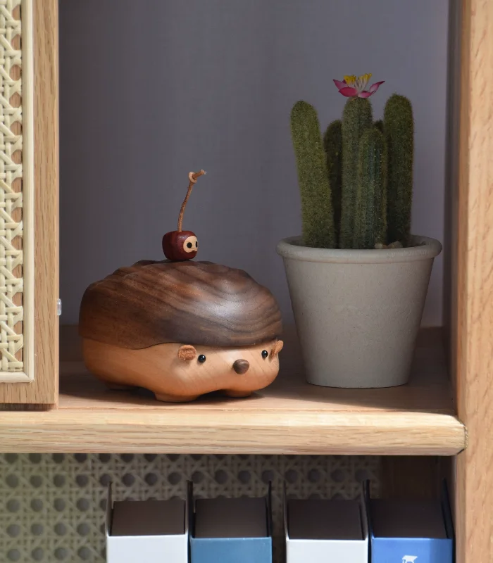 Hedgehog wooden storage boxes with cherry-shaped lids, perfect for decorative storage