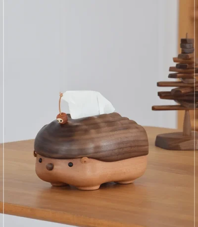 A cute hedgehog-shaped tissue box crafted from solid wood, perfect for home decor