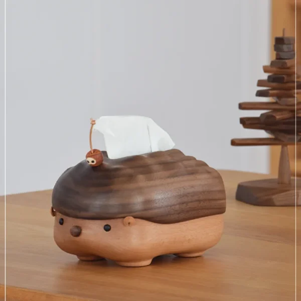 A cute hedgehog-shaped tissue box crafted from solid wood, perfect for home decor