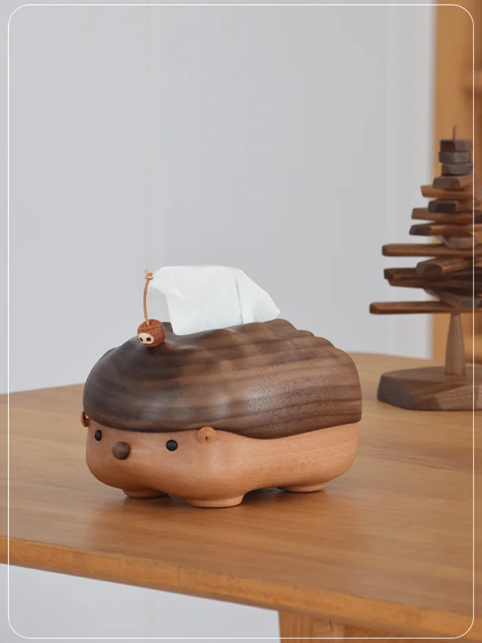 A cute hedgehog-shaped tissue box crafted from solid wood, perfect for home decor