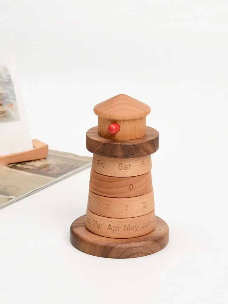 A stylish and functional addition to your home decor, this lighthouse-themed wooden perpetual calendar stands out in any room