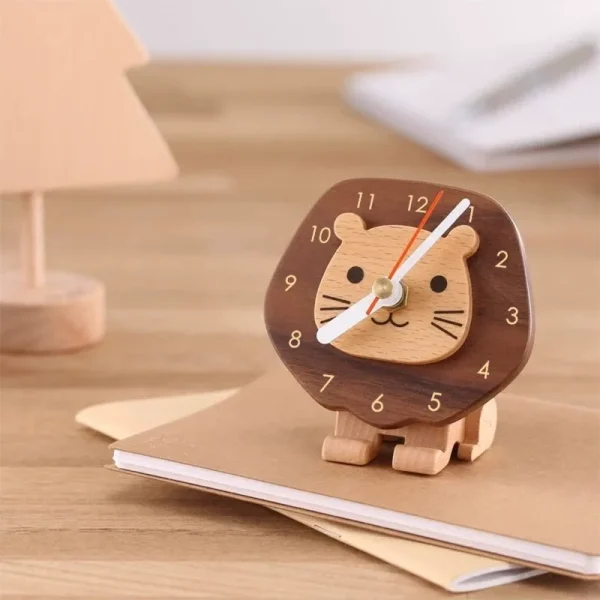 A delightful wooden clock with a playful little lion design, perfect for brightening up any bedroom with a touch of fun