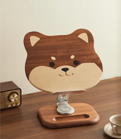 Shiba Inu wooden book stand with elastic page clips and adjustable height, perfect for reading and tablets