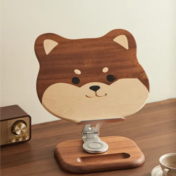 Shiba Inu wooden book stand with elastic page clips and adjustable height, perfect for reading and tablets