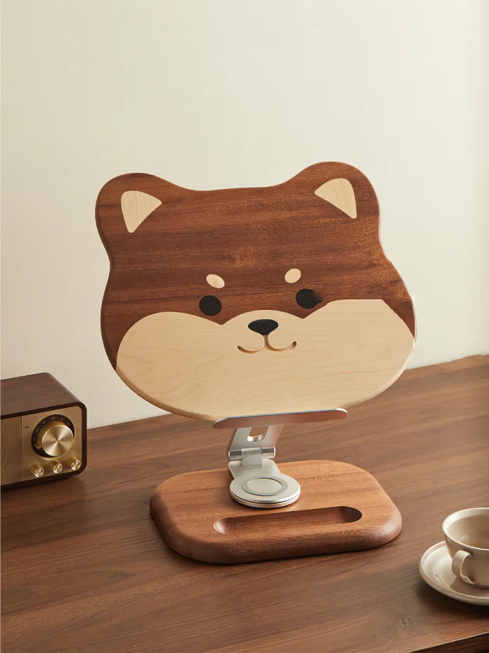 Shiba Inu wooden book stand with elastic page clips and adjustable height, perfect for reading and tablets