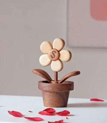 Handcrafted wooden flower with spinning petals for luck on your desk