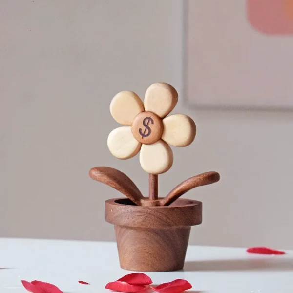 Handcrafted wooden flower with spinning petals for luck on your desk