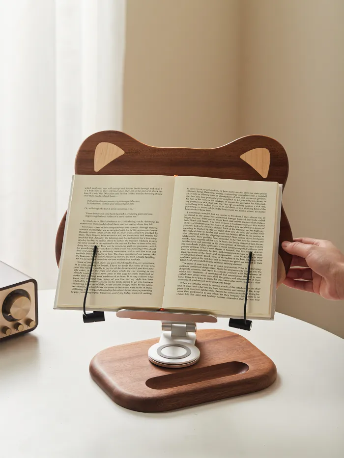 Shiba Inu design wooden stand with adjustable height and elastic clips for holding books and tablets