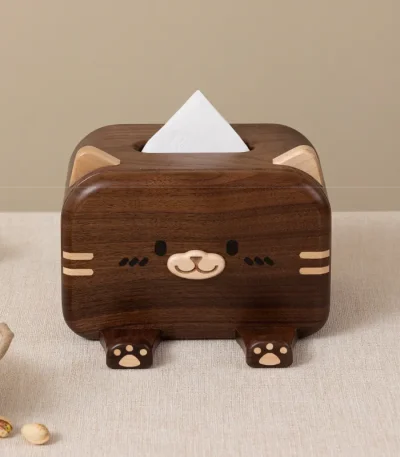 Cat-shaped wooden tissue box