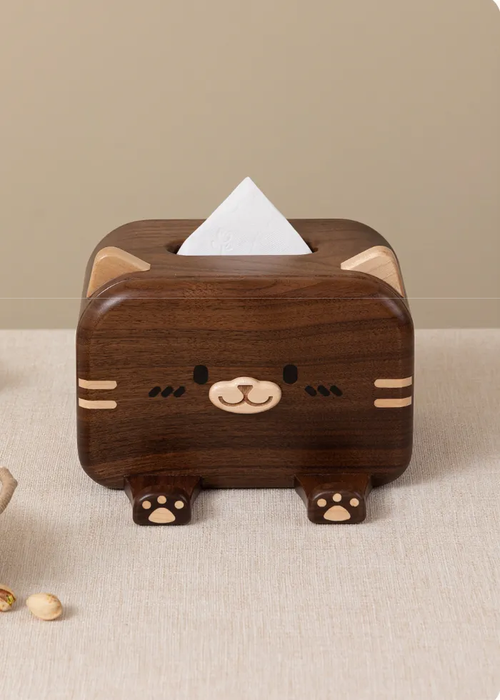 Cat-shaped wooden tissue box