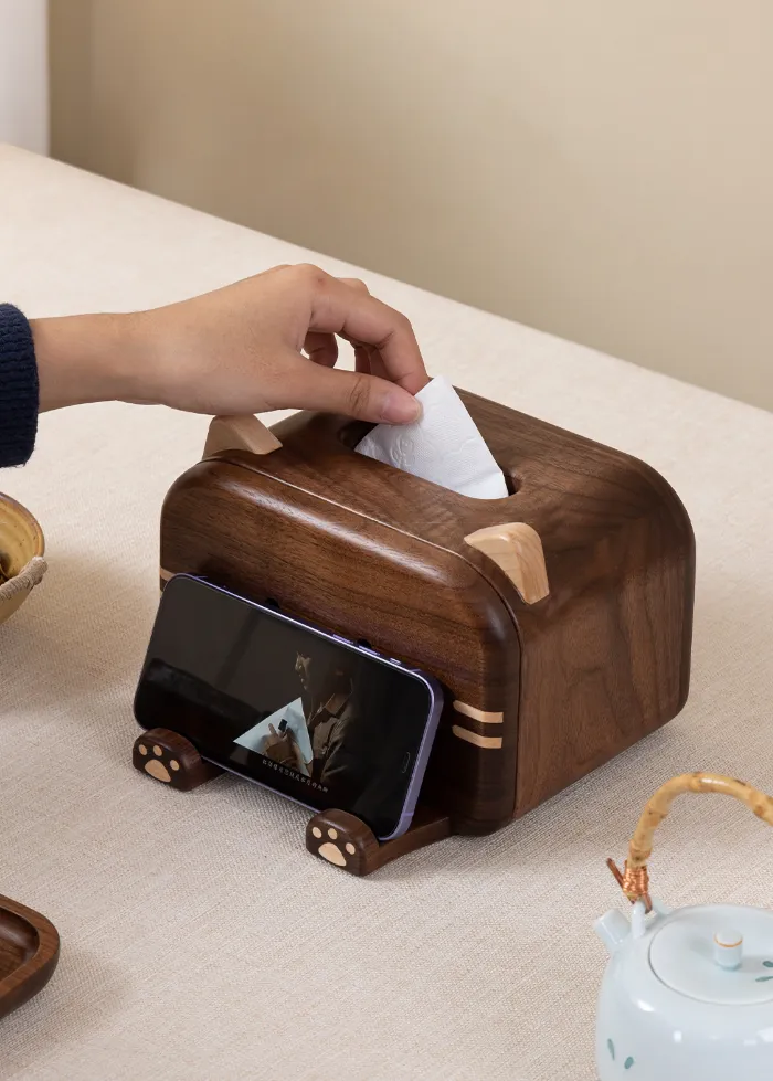 Wooden big face cat tissue box