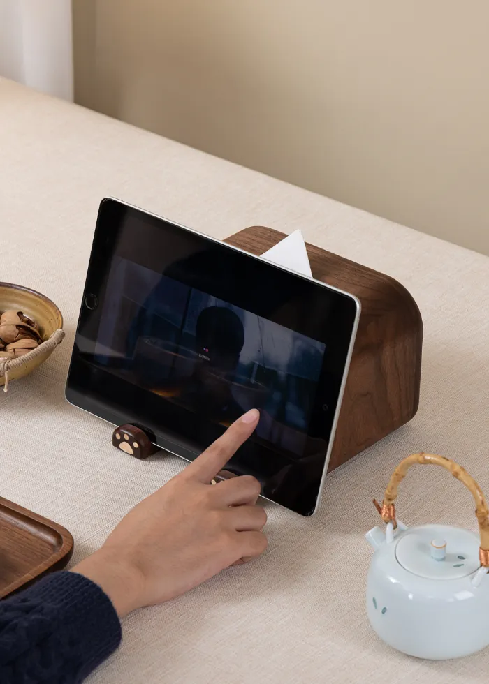 Wooden tissue box with phone slot