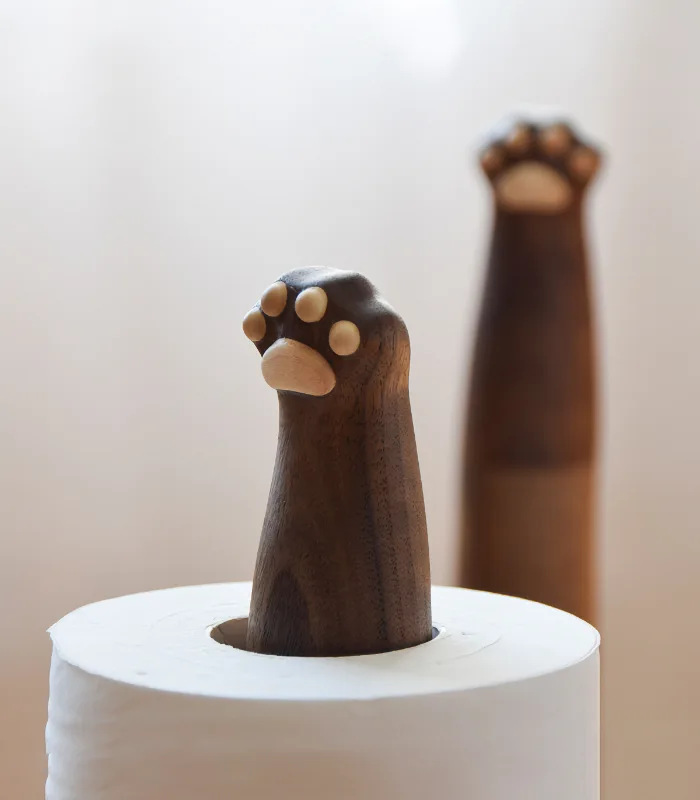 Wooden tissue holder with a cat paw design