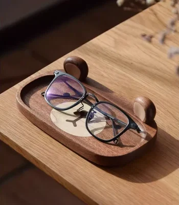 Adorable bear-themed wooden tray for organizing glasses and small items