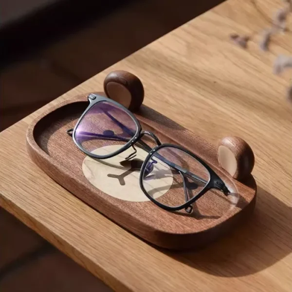 Adorable bear-themed wooden tray for organizing glasses and small items