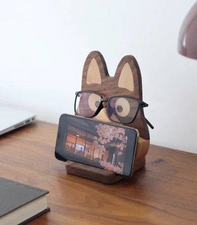 Wooden dog glasses stand and phone holder