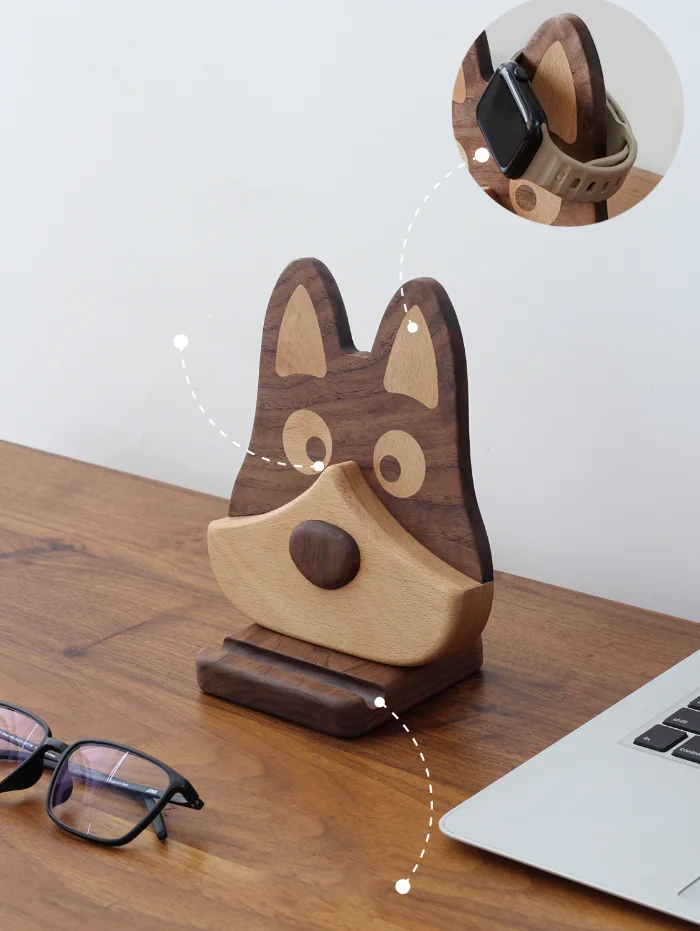 Wooden dog desk stand for holding glasses, phones, and tablets