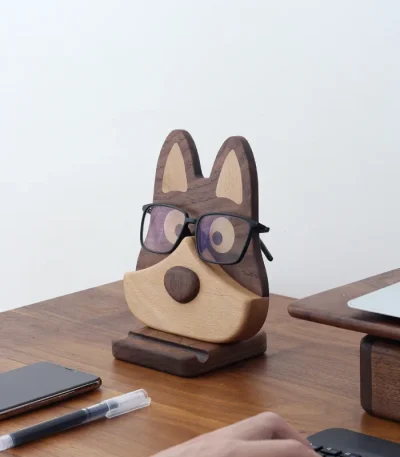 Wooden dog-shaped glasses stand and desk organizer