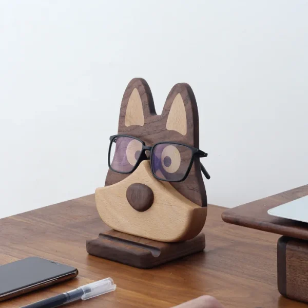 Wooden dog-shaped glasses stand and desk organizer