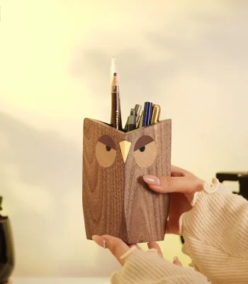 Wooden geometric owl pencil holder for desk use