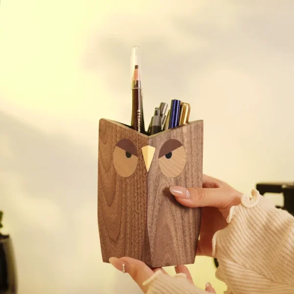 Wooden geometric owl pencil holder for desk use