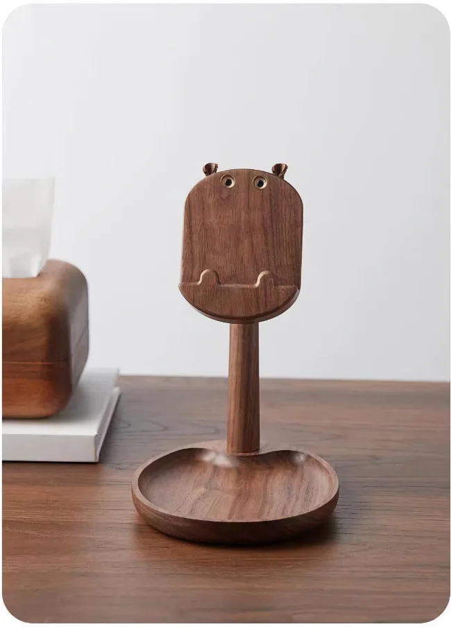 Practical wooden hippo phone stand featuring a built-in tray for home decor