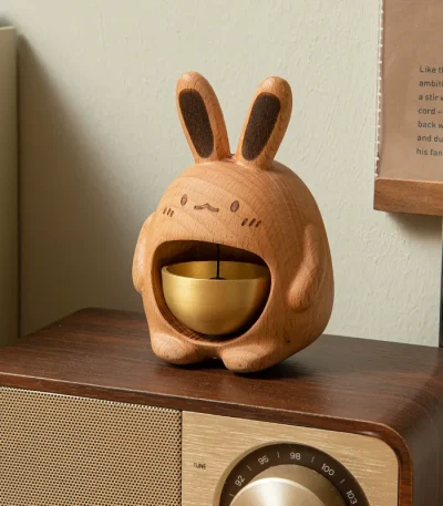 Wooden rabbit-shaped doorbell made from beechwood, perfect as a housewarming gift