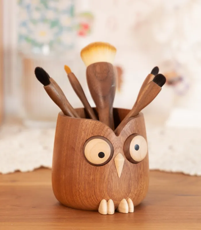 Wooden owl desktop organizer for pens and small items