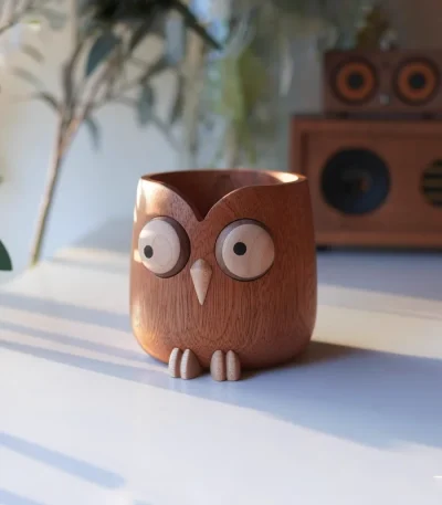 Wooden owl-shaped pen holder for desk organization