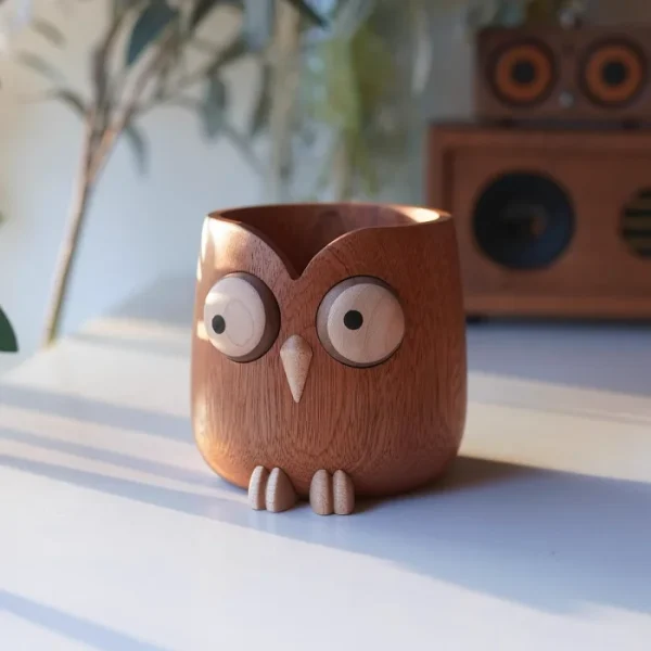 Wooden owl-shaped pen holder for desk organization