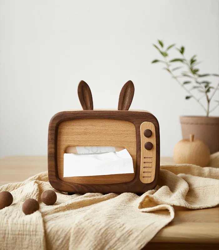 Unique wooden tissue box with a rabbit TV design, great for desktop decoration