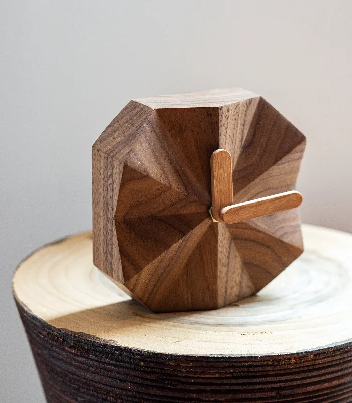 Wooden angular desk clock with a retro, minimalist design