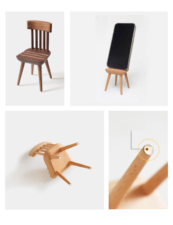 Wooden phone stand in the shape of a chair, a practical and creative addition to any workspace