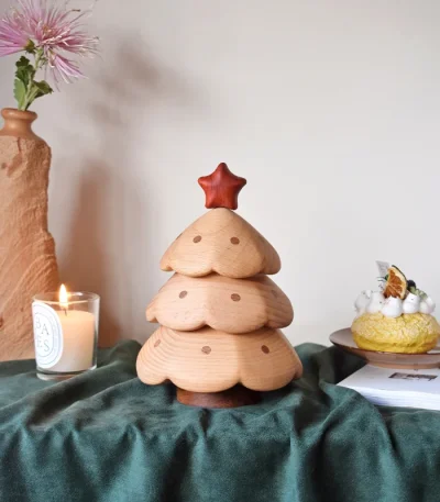 Festive wooden Christmas tree-shaped storage box, perfect for holiday decor and gifting