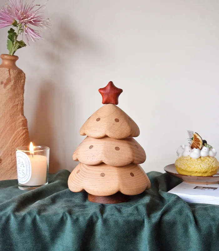 Festive wooden Christmas tree-shaped storage box, perfect for holiday decor and gifting