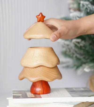 Wooden storage box in the shape of a Christmas tree, ideal for small items and decor