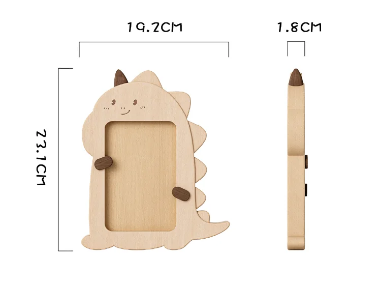 A wooden picture frame with a cute dinosaur design, available in various sizes