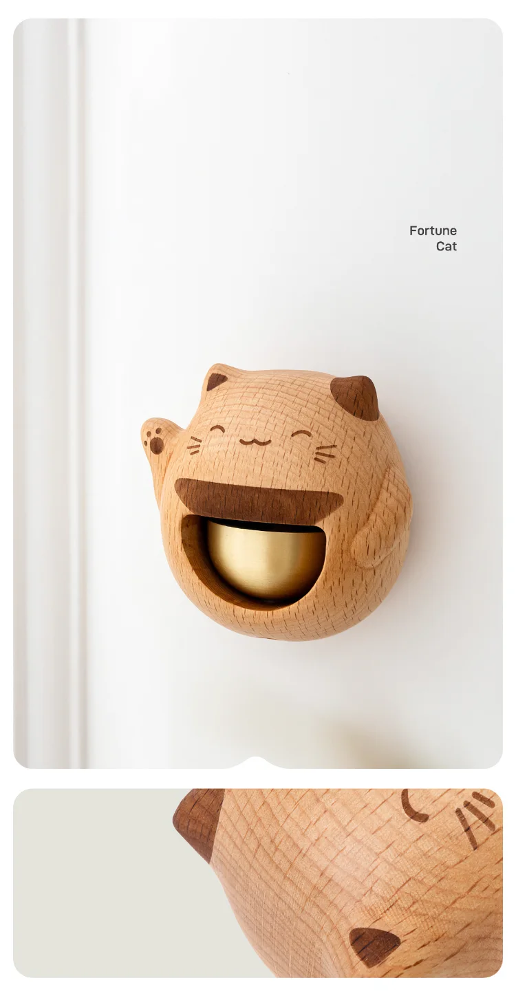 Wooden doorbell with a Japanese lucky cat design