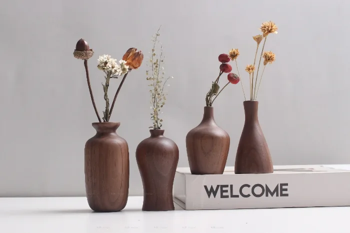 Set of simple rustic wood vases, for displaying flowers and enhancing home decor